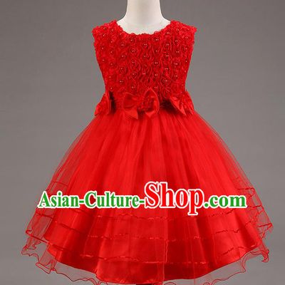 Children Modern Dance Red Dress Stage Performance Catwalks Compere Costume for Kids