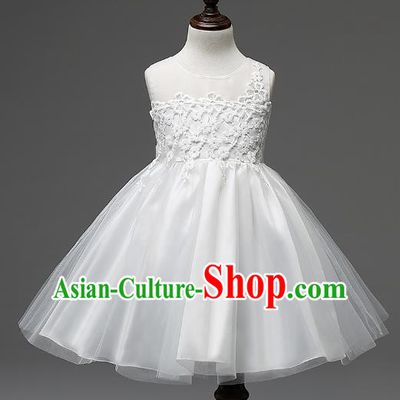 Children Modern Dance White Lace Dress Stage Performance Catwalks Compere Costume for Kids