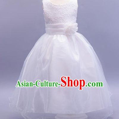 Children Modern Dance White Sequins Dress Stage Performance Catwalks Compere Costume for Kids