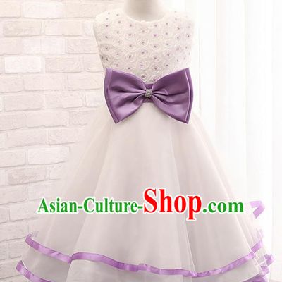 Children Fairy Princess Purple Bowknot Dress Stage Performance Catwalks Compere Costume for Kids