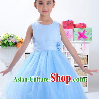 Children Modern Dance Princess Blue Dress Stage Performance Catwalks Compere Costume for Kids