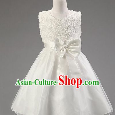 Children Modern Dance Princess White Rose Dress Stage Performance Catwalks Compere Costume for Kids