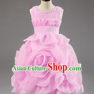 Children Modern Dance Princess Dress Stage Performance Catwalks Compere Pink Rose Costume for Kids