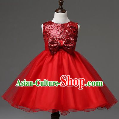 Children Modern Dance Compere Red Full Dress Stage Performance Catwalks Costume for Kids