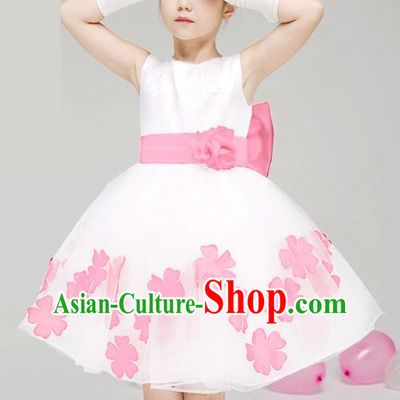 Children Modern Dance Compere Pink Flowers Full Dress Stage Performance Catwalks Costume for Kids