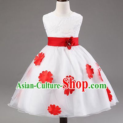 Children Modern Dance Compere Red Flowers Full Dress Stage Performance Catwalks Costume for Kids