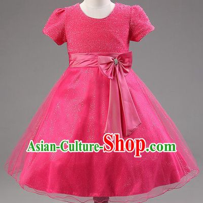 Children Modern Dance Rosy Bowknot Bubble Dress Stage Performance Compere Catwalks Costume for Kids
