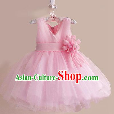 Children Modern Dance Pink Flower Bubble Dress Stage Performance Compere Catwalks Costume for Kids