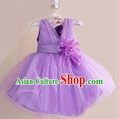 Children Modern Dance Purple Flower Bubble Dress Stage Performance Compere Catwalks Costume for Kids