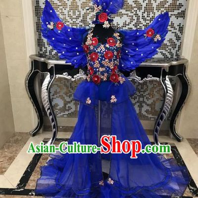 Children Modern Dance Full Dress Stage Performance Catwalks Costume Blue Feather Swimsuit and Wings for Kids