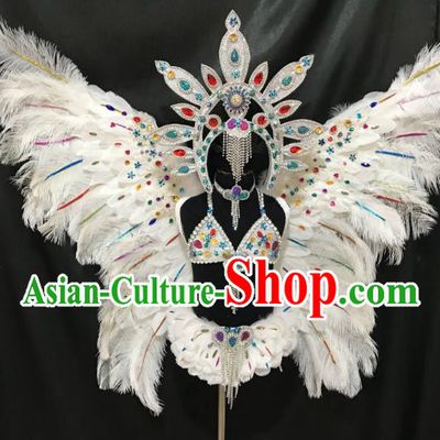 Children Catwalks Costume Brazilian Carnival Samba Dance White Feather Swimsuit and Butterfly Wings Headwear for Kids