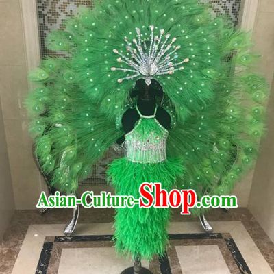 Children Catwalks Costume Brazilian Carnival Samba Dance Green Feather Swimsuit and Wings Headwear for Kids