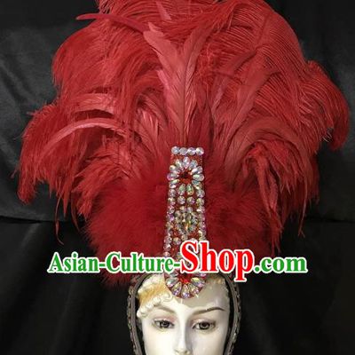 Top Grade Brazilian Carnival Samba Dance Hair Accessories Miami Red Feathers Deluxe Headdress for Women