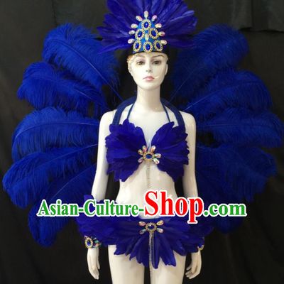 Top Grade Brazilian Carnival Samba Dance Costume Miami Catwalks Royalblue Feather Swimsuit and Angel Wings for Women