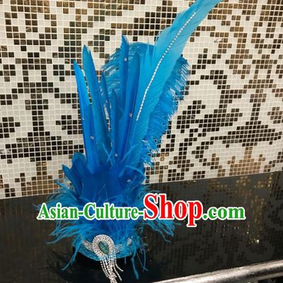 Brazilian Carnival Samba Dance Hair Accessories Miami Blue Feathers Deluxe Headdress for Kids