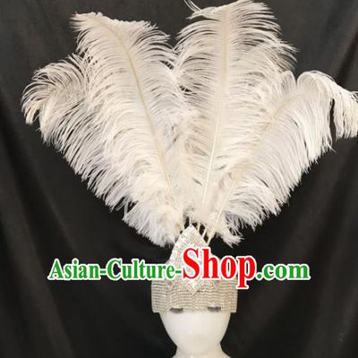 Brazilian Carnival Samba Dance Hair Accessories Miami Deluxe Crystal White Feather Headdress for Kids