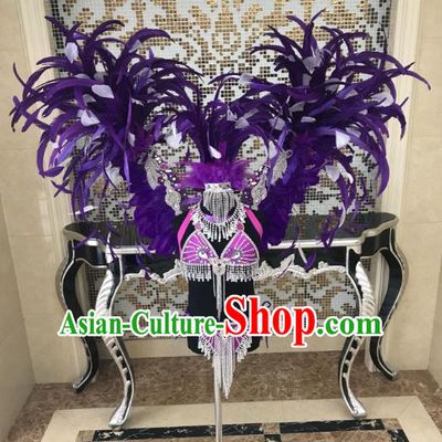 Children Catwalks Costume Modern Dance Swimsuit and Purple Feather Angel Wings for Kids