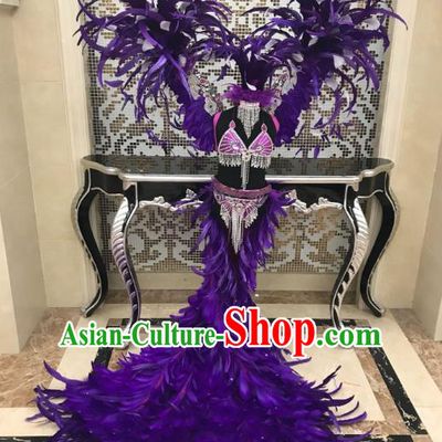 Children Catwalks Costume Modern Dance Purple Feather Swimsuit and Angel Wings for Kids