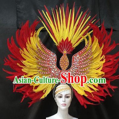 Brazilian Carnival Samba Dance Hair Accessories Dionysia Catwalks Red and Yellow Feather Headdress for Women