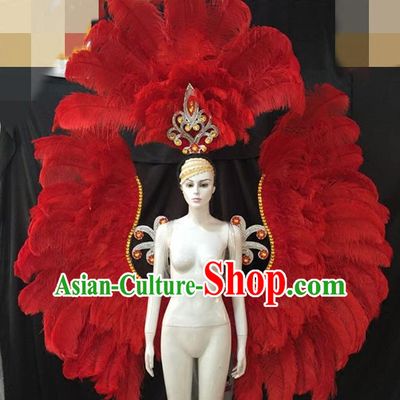 Top Grade Catwalks Props Brazilian Carnival Samba Dance Red Feather Wings and Headdress for Adults