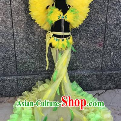 Top Grade Brazilian Carnival Costumes Halloween Catwalks Yellow Feather Swimsuit and Hair Accessories for Kids