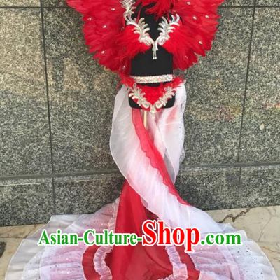Top Grade Brazilian Carnival Costumes Halloween Catwalks Red Feather Swimsuit and Hair Accessories for Kids