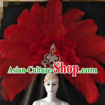Brazilian Carnival Samba Dance Deluxe Hair Accessories Dionysia Miami Catwalks Red Feather Headdress for Women