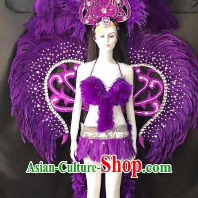 Purple Feather Brazilian Rio Carnival Costumes Halloween Catwalks Swimsuit and Deluxe Feather Wings Headwear for Women