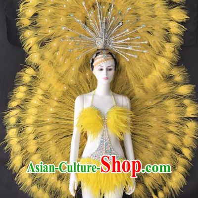 Yellow Feather Brazilian Rio Carnival Costumes Halloween Catwalks Swimsuit and Deluxe Feather Wings Headwear for Women