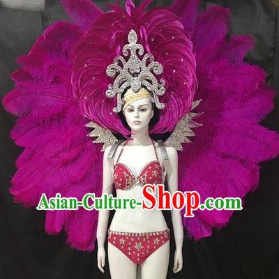 Brazilian Rio Carnival Purple Feather Costumes Halloween Catwalks Swimsuit and Deluxe Feather Wings Headwear for Women