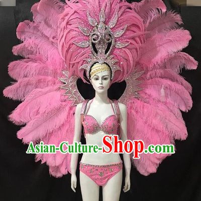 Brazilian Rio Carnival Pink Feather Costumes Halloween Catwalks Swimsuit and Deluxe Feather Wings Headwear for Women