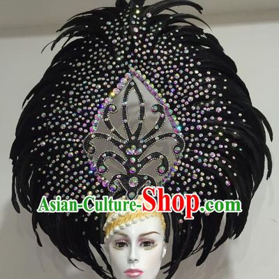 Brazilian Samba Dance Black Feather Hair Accessories Rio Carnival Catwalks Deluxe Headwear for Women