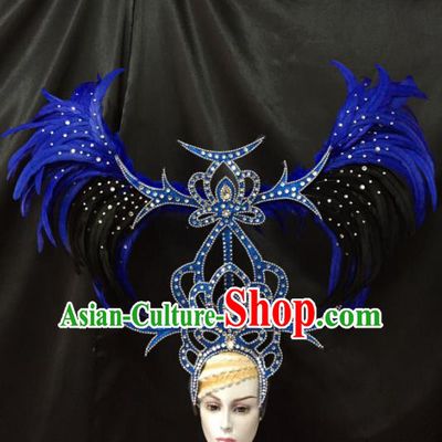 Brazilian Samba Dance Royalblue Ostrich Feather Hair Accessories Rio Carnival Roman Deluxe Headwear for Women