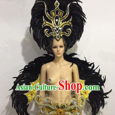 Brazilian Catwalks Samba Dance Props Rio Carnival Black Feather Angel Wings and Headwear for Women