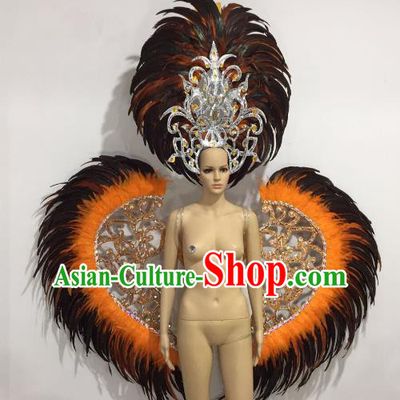 Brazilian Catwalks Samba Dance Props Rio Carnival Black and Orange Feather Angel Wings and Headwear for Women