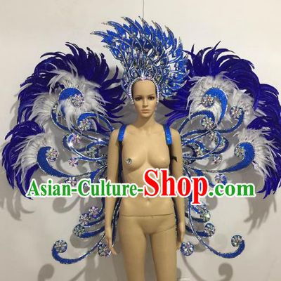 Brazilian Catwalks Samba Dance Props Rio Carnival Blue Feather Butterfly Wings and Headwear for Women