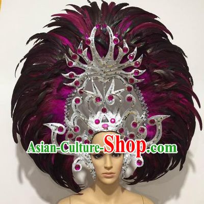 Brazilian Samba Dance Queen Hair Accessories Rio Carnival Roman Black and Rosy Feather Deluxe Headwear for Women