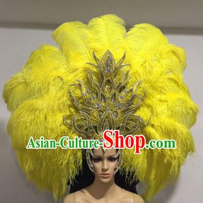 Brazilian Samba Dance Queen Hair Accessories Rio Carnival Roman Yellow Feather Deluxe Headwear for Women