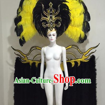 Brazilian Catwalks Samba Dance Props Rio Carnival Black and Yellow Feather Angel Wings and Headwear for Women