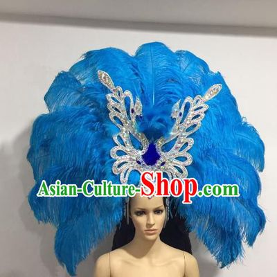 Brazilian Samba Dance Catwalks Hair Accessories Rio Carnival Blue Ostrich Feather Deluxe Headwear for Women