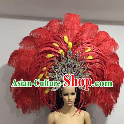 Brazilian Catwalks Hair Accessories Rio Carnival Samba Dance Red Ostrich Feather Deluxe Headwear for Women