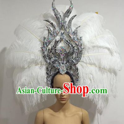 Brazilian Catwalks Hair Accessories Rio Carnival Samba Dance White Ostrich Feather Deluxe Headwear for Women