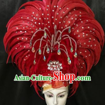 Brazilian Rio De Janeiro Carnival Red Feather Hair Accessories Samba Dance Catwalks Headdress for Women