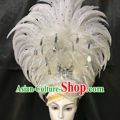 Brazilian Rio De Janeiro Carnival White Feather Hair Accessories Samba Dance Catwalks Headdress for Women