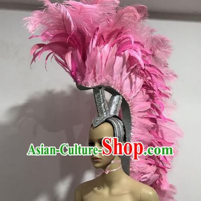 Brazilian Carnival Catwalks Hair Accessories Rio Samba Dance Roman Warriors Pink Feather Deluxe Headwear for Men