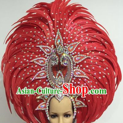 Brazilian Carnival Catwalks Hair Accessories Rio Samba Dance Red Feather Deluxe Headwear for Women