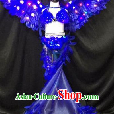 Brazilian Rio Carnival Samba Dance Costumes Halloween Catwalks Blue Feather LED Trailing Swimsuit and Headwear for Kids