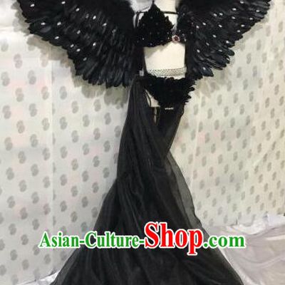 Brazilian Rio Carnival Samba Dance Costumes Halloween Catwalks Black Feather Swimsuit and Headwear for Kids