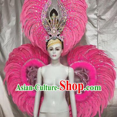 Top Grade Brazilian Carnival Samba Dance Props Catwalks Pink Feather Wings and Headwear for Women