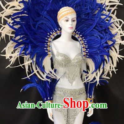 Brazilian Rio Carnival Samba Dance Blue Feather Costumes Halloween Catwalks Deluxe Feather Swimsuit and Wings for Women